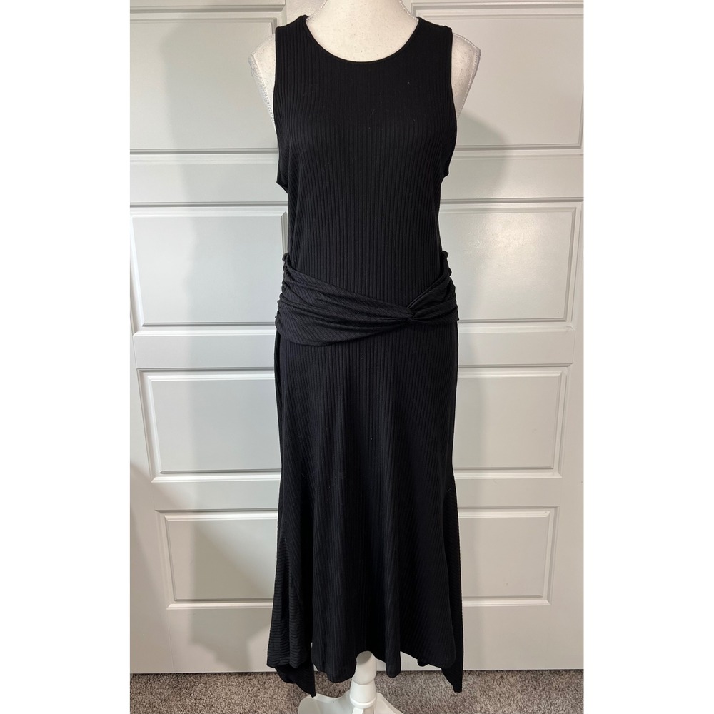 Anthropologie Black Ribbed Knit Midi‎ Dress Sleeveless Twist Waist Size L